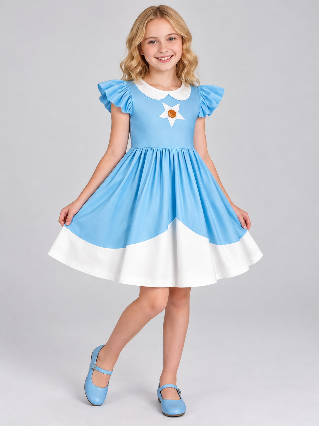 Blue carnival dress with white trim and ruffles