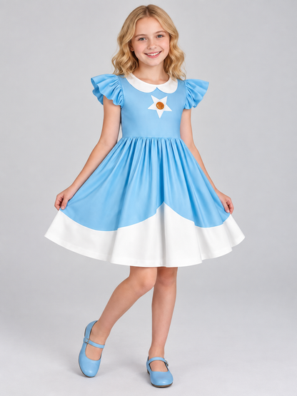 Blue carnival dress with white trim and ruffles