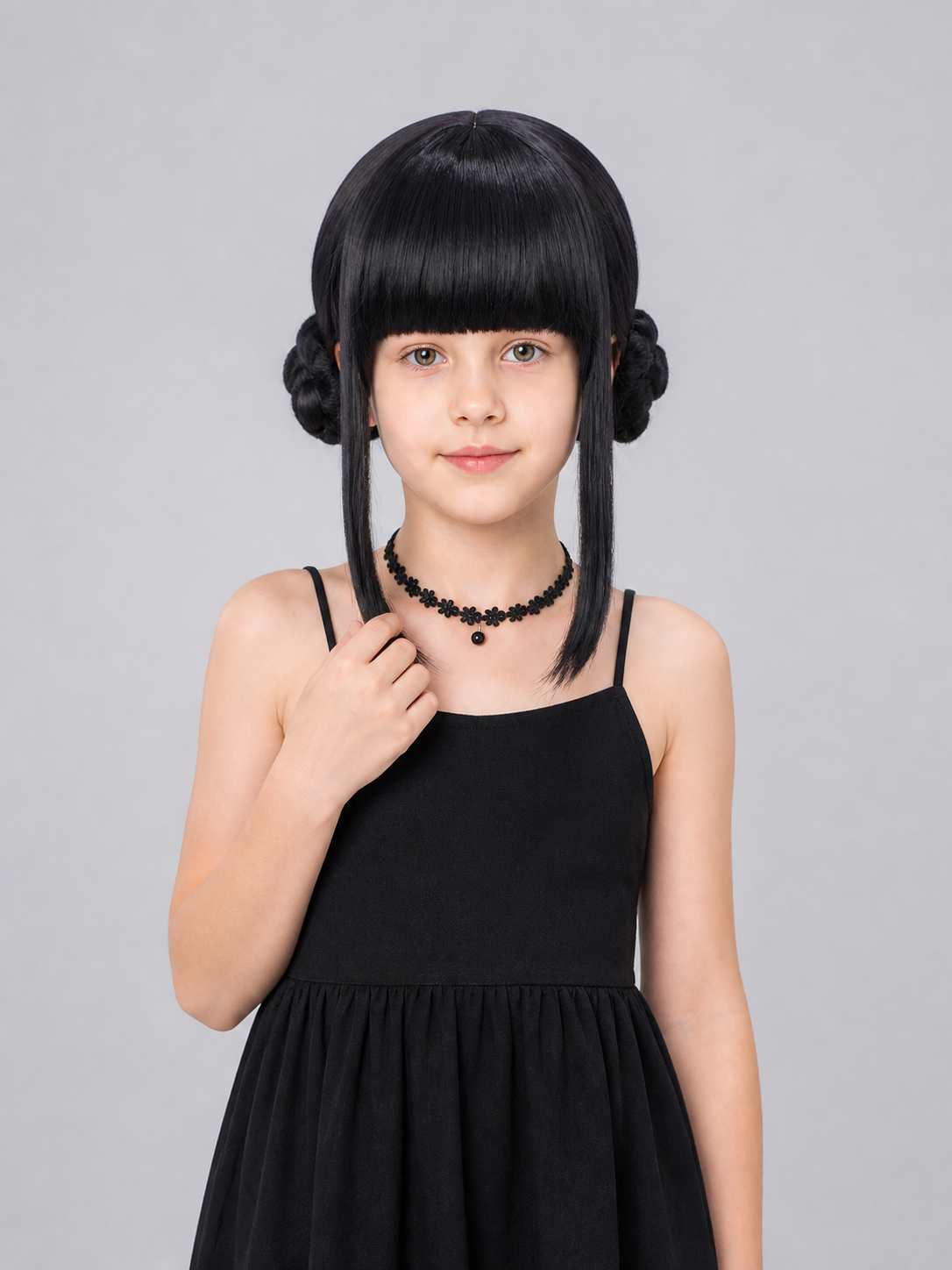 Black Cosplay Wig with Double Buns and Bangs Costume Wigs detail