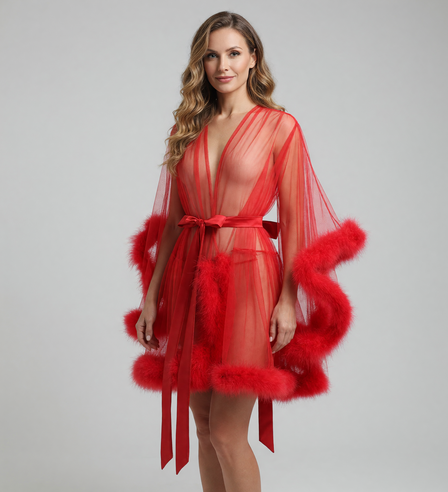 Red Adult Semi-Transparent Cape with Fluffy Trim