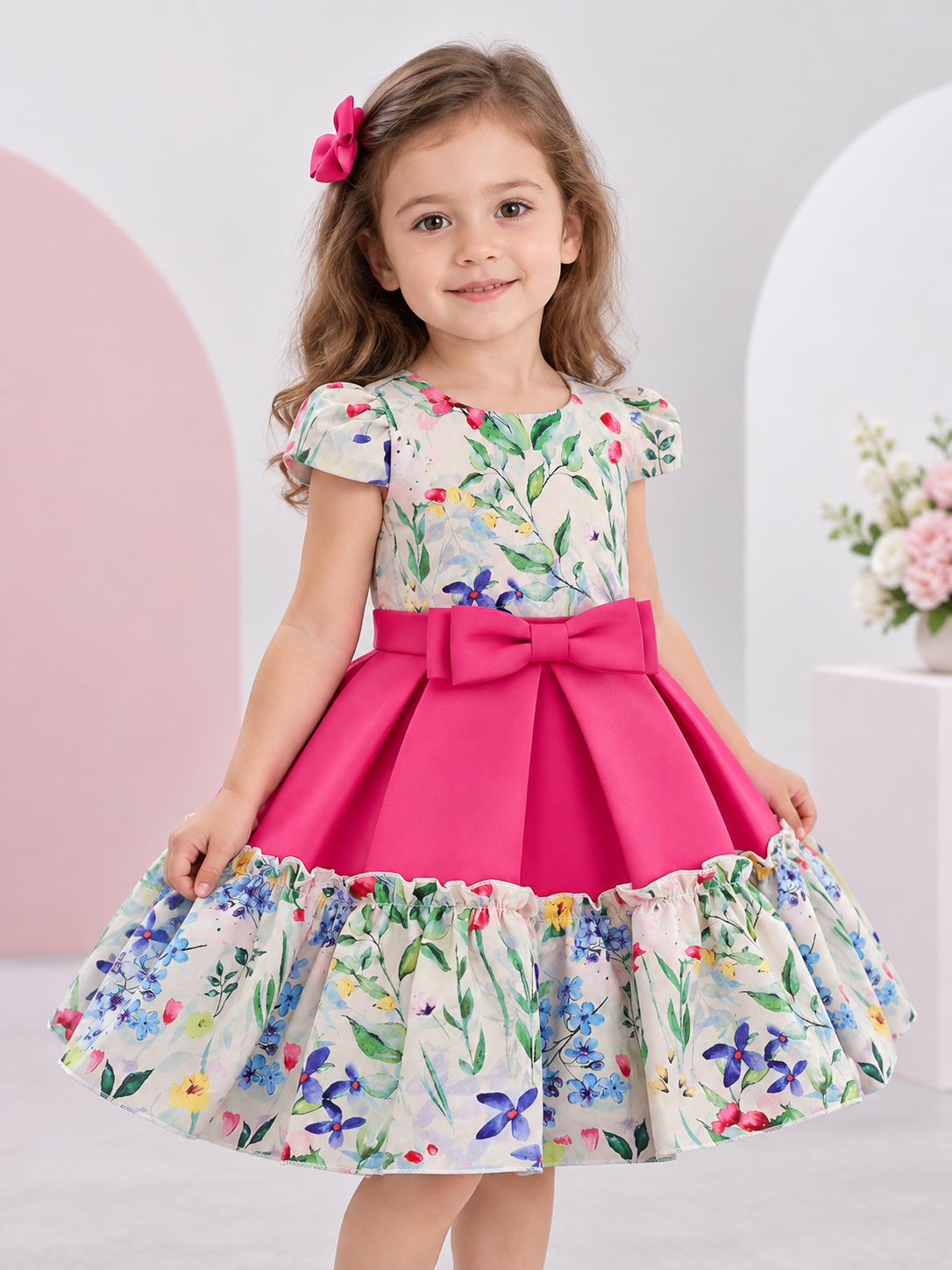 Girls' Dress with Bow and Floral Print