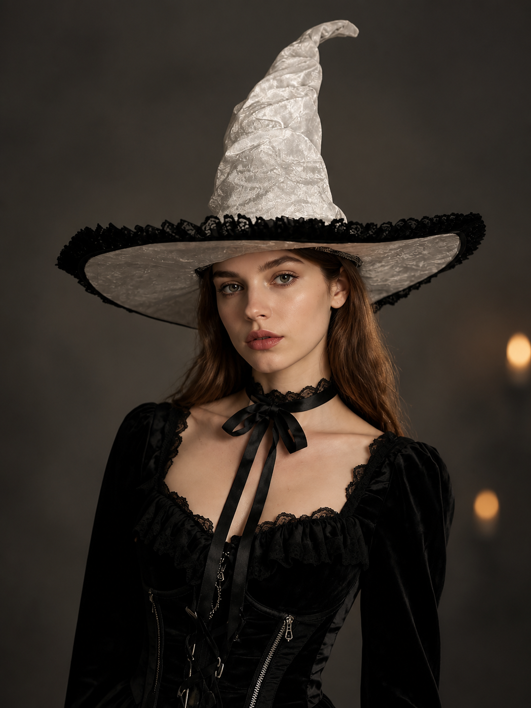 White and Black Witch Hat, Wide Brim Pointed Hat with Lace Trim and Curved on-model front view