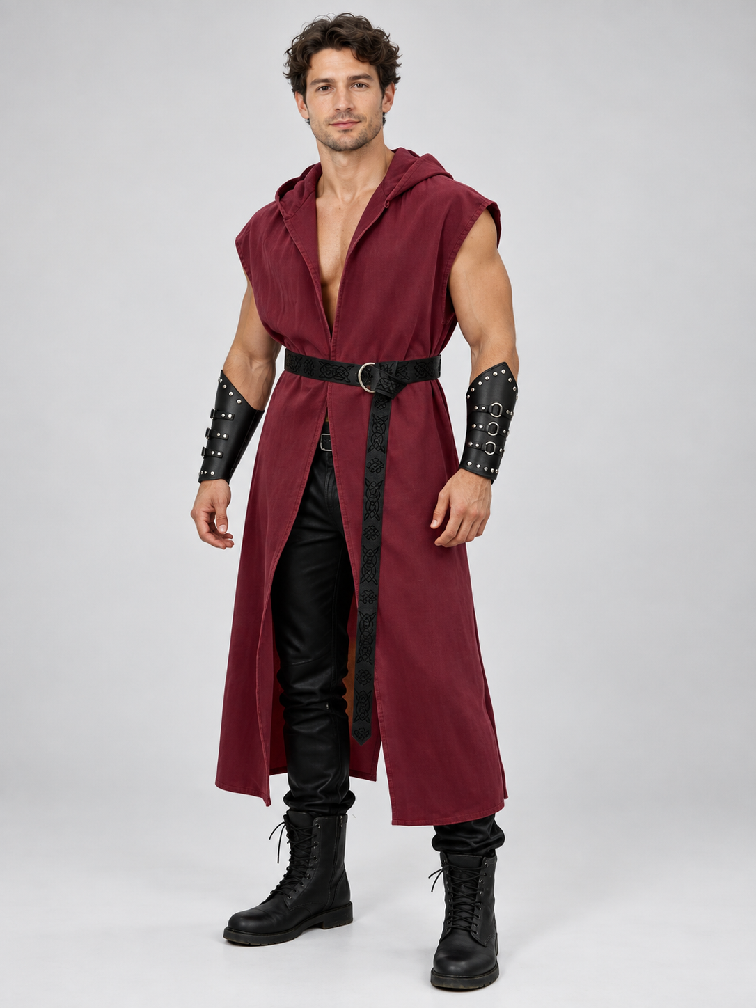 Long Burgundy Hooded Sleeveless Cape