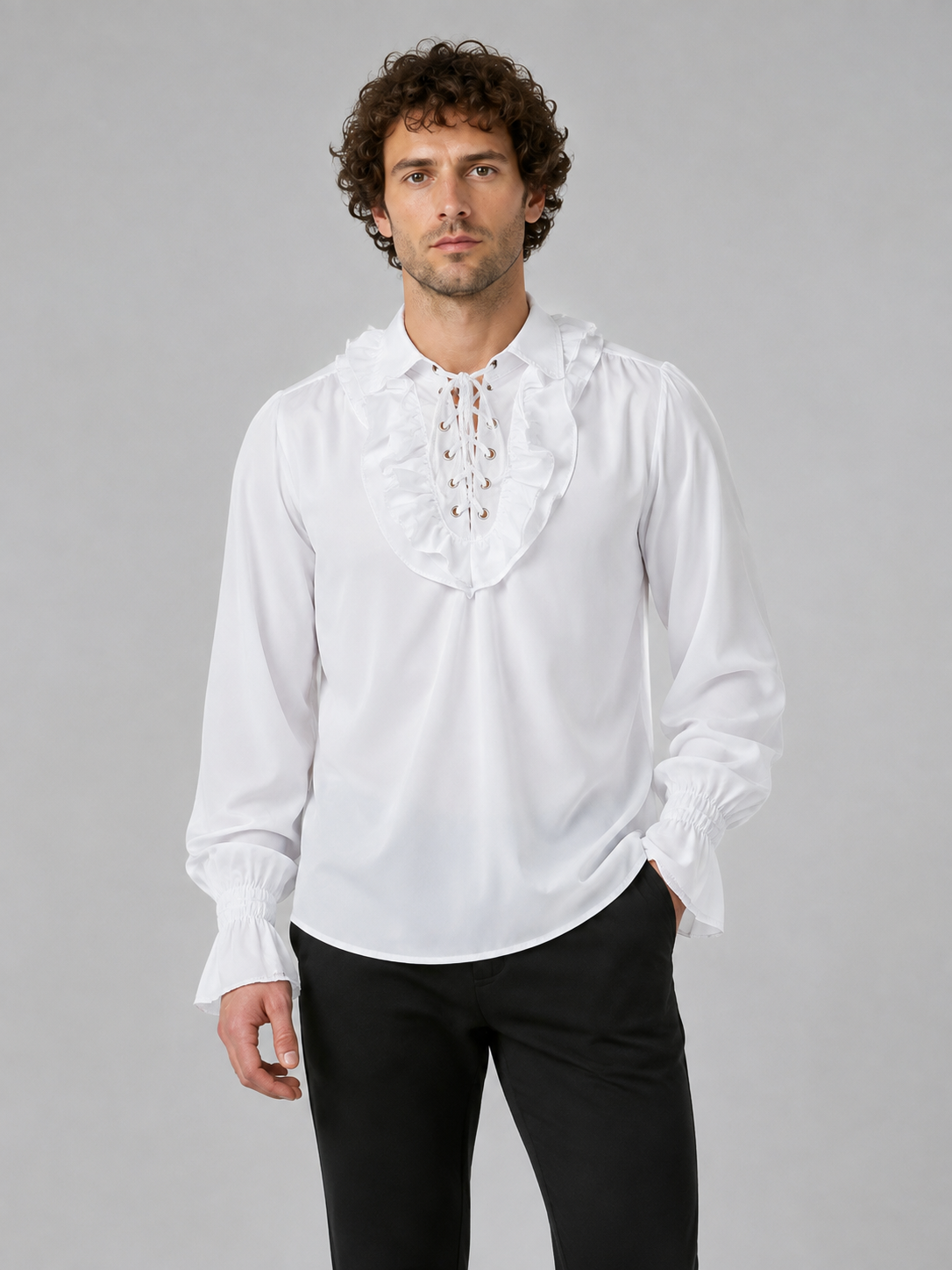 White Chiffon Blouse with Front Lacing and Ruffles product detail
