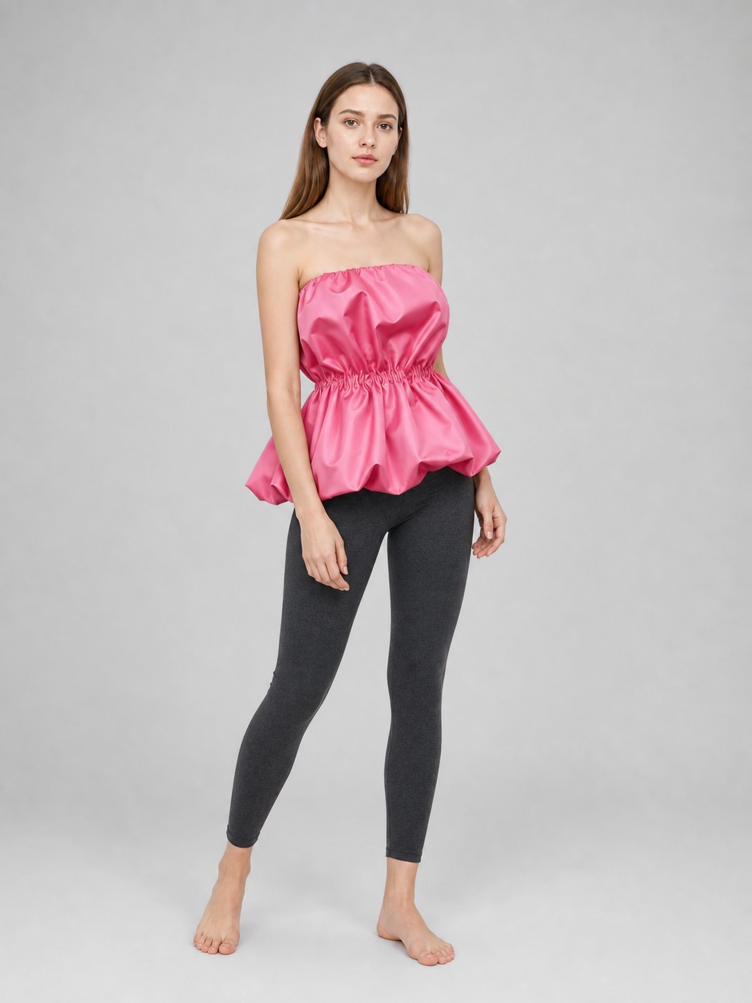 Strapless bustier top with peplum, bright pink