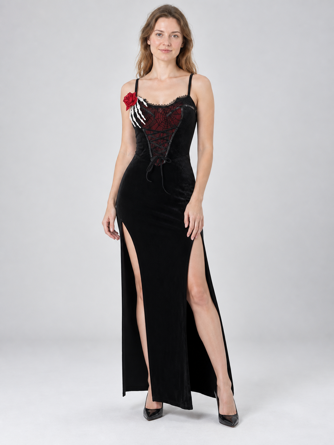 Black vampire-style dress with red spiderweb and rose