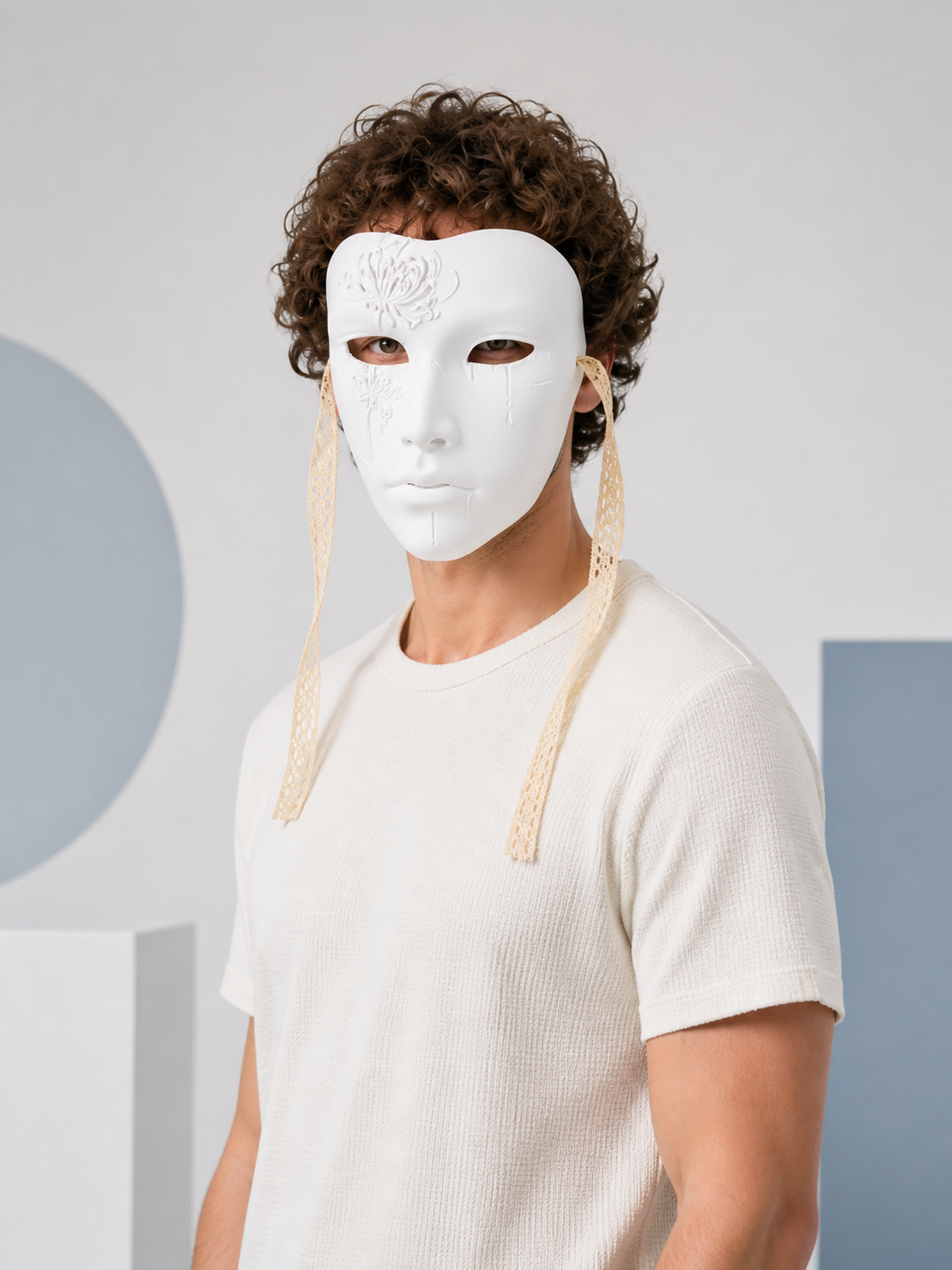 White Carnival Mask with Gold Ribbons for Halloween Costume Masks detail