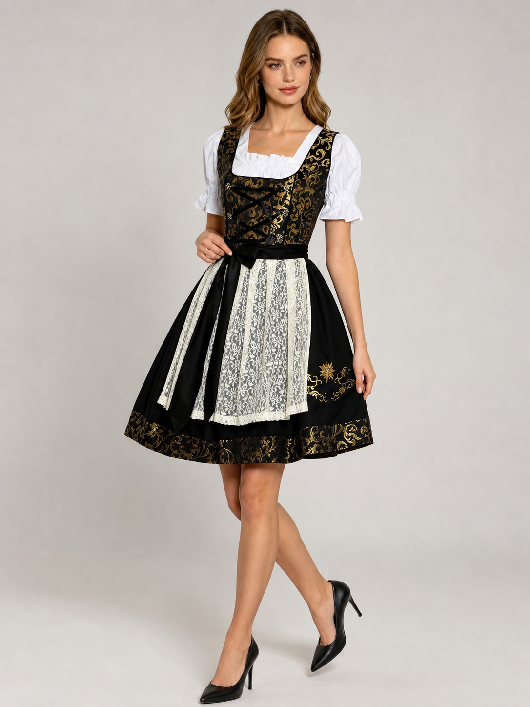 Dirndl Dress with Apron, Black and Gold, S–XXXL