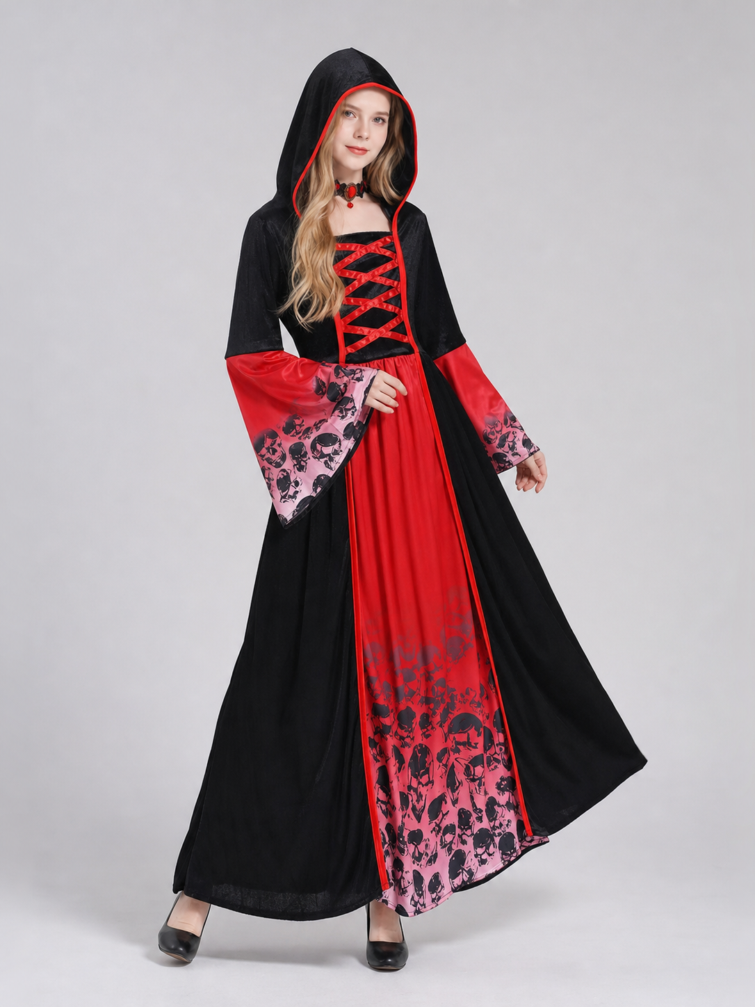 Gothic Hooded Dress, Black and Red Print