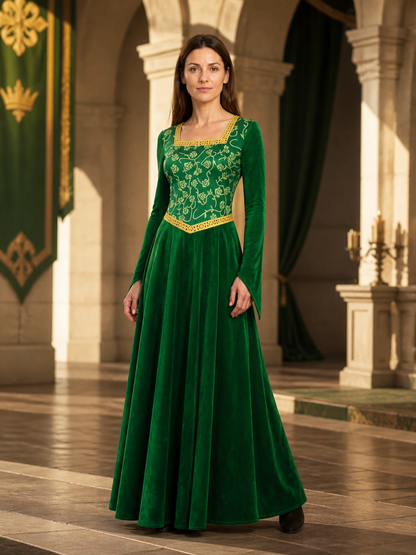 Floor-Length Velour Cosplay Dress with Gold-Tone Trim Costume Dresses detail