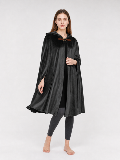 Medieval Warrior Halloween Hooded Cape Costume, 1-Piece Long Black Cloak With Brown Neck Buckle For Cosplay Performance