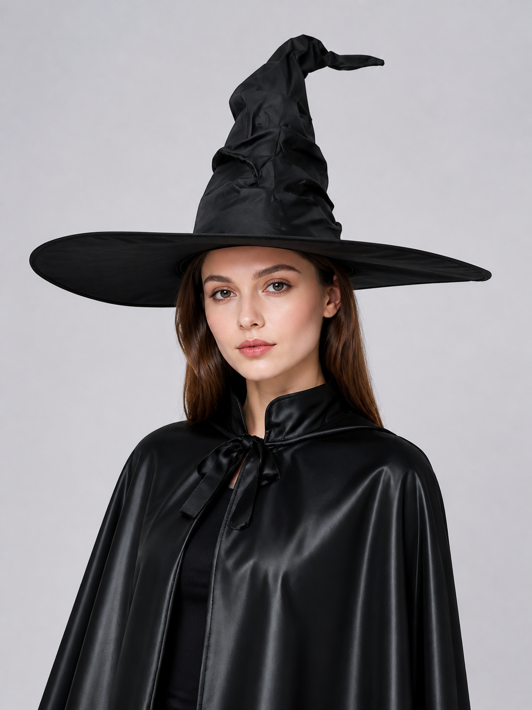 Black Halloween Witch Hat Wide Brim Pointed Wizard Hat Ruched Asymmetrical Brim on-model front view
