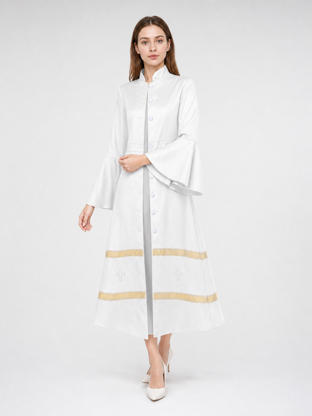 Long clergy robe with collar, buttons, and trim on-model front view