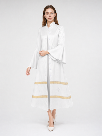 Long clergy robe with collar, buttons, and trim on-model front view