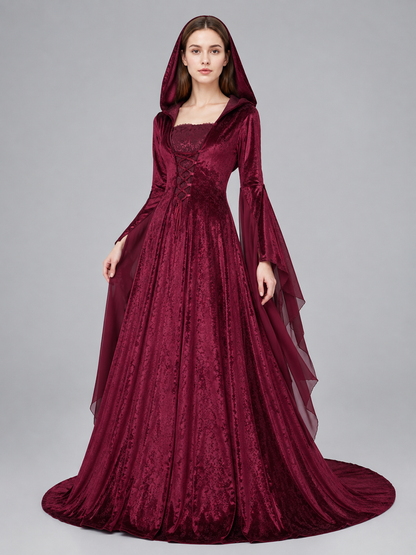 Burgundy costume dress in a medieval style with a hood Costume Dresses detail