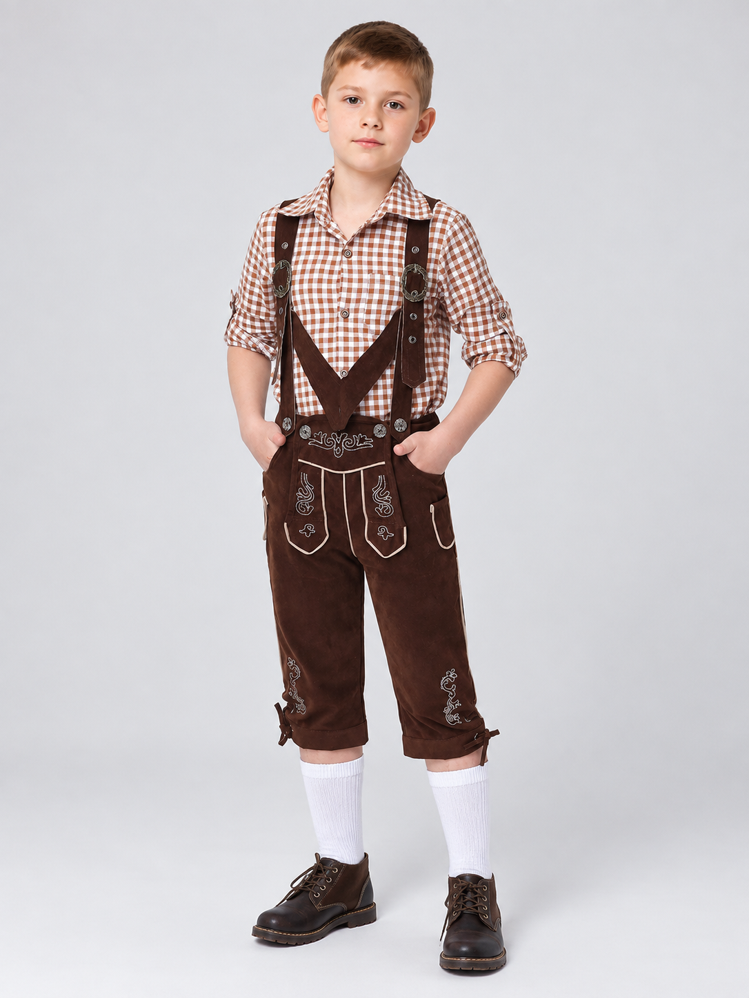 Brown Knee-Length Suspender Pants with Embroidery