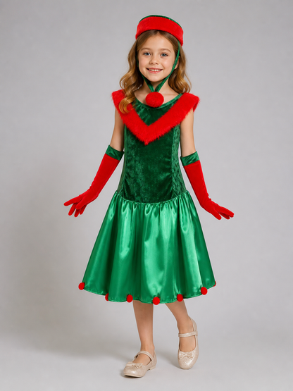 Christmas Elf Costume: Dress, Hat, and Gloves