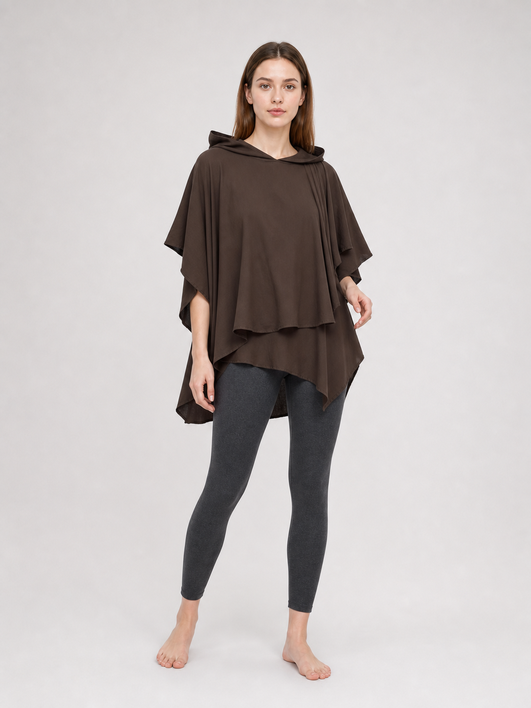 Women's Hooded Wanderer Cloak Costume with Layered Hem, Shoulder Draped Pleats