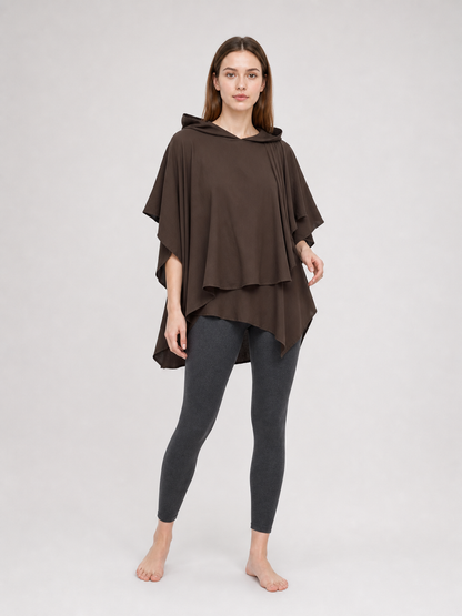 Women's Hooded Wanderer Cloak Costume with Layered Hem, Shoulder Draped Pleats