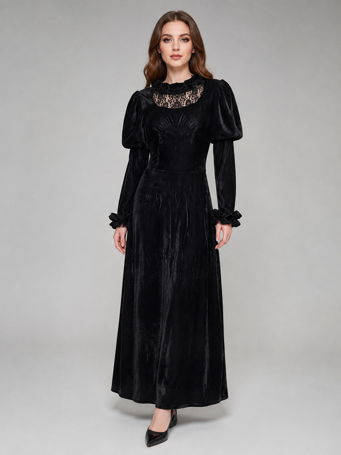 Long black corduroy dress with puff sleeves Costume Dresses detail