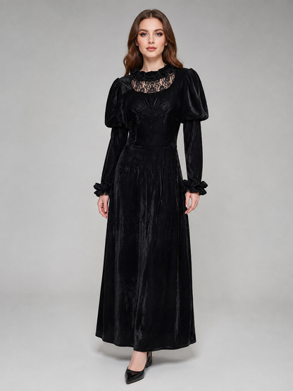 Long black corduroy dress with puff sleeves Costume Dresses detail