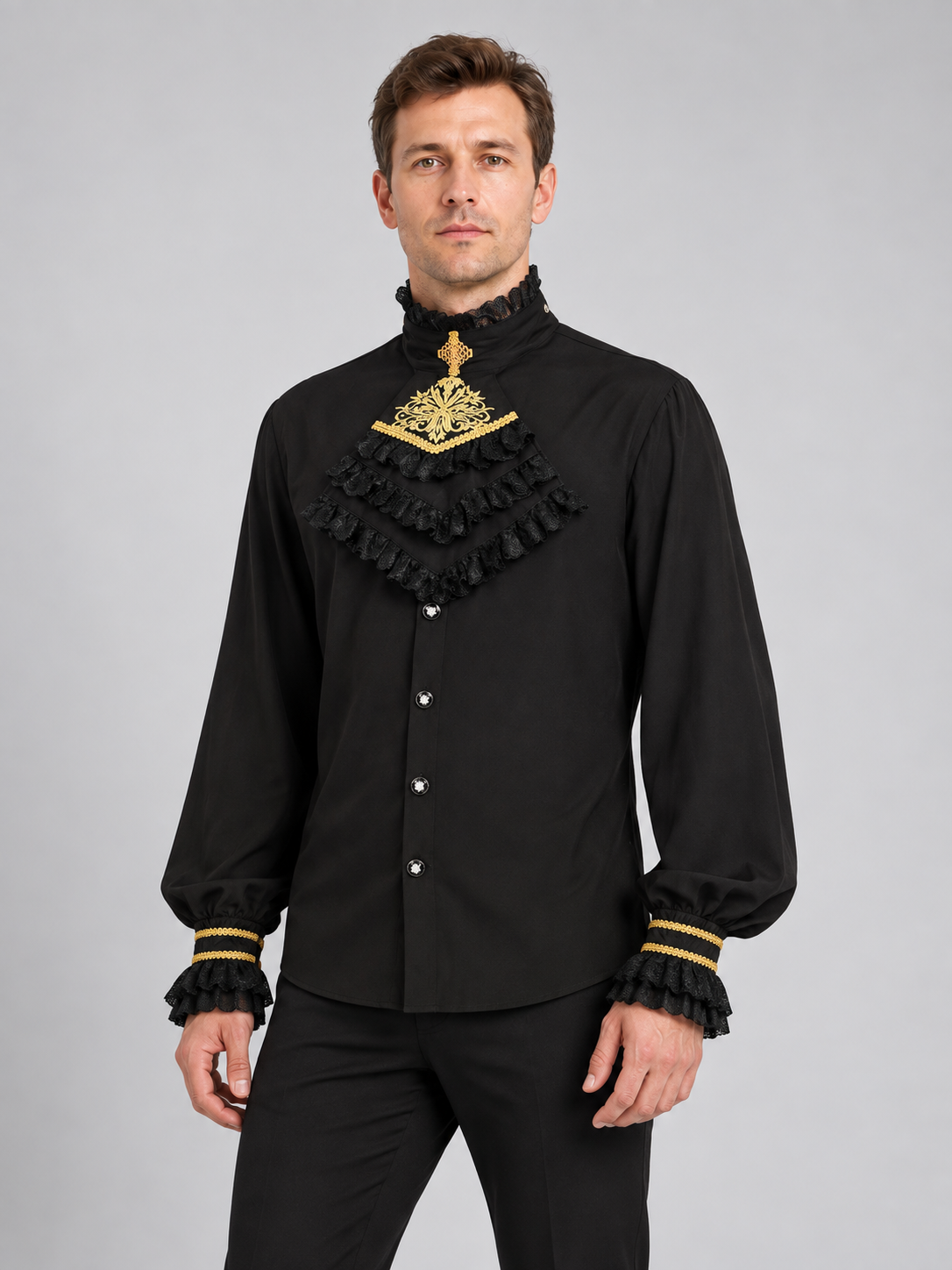 Black long-sleeved shirt with a jabot and gold trim