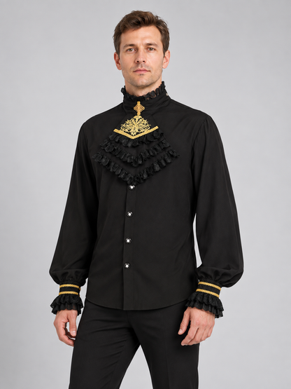 Black long-sleeved shirt with a jabot and gold trim