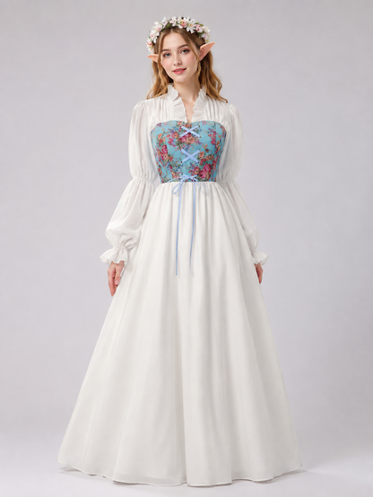 Long White Floor-Length Dress with Corset Lacing Costume Dresses detail