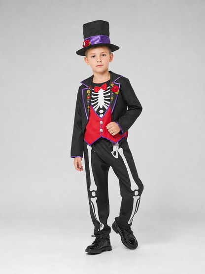 This skeleton costume is designed in the Mexican style of the Day of the Dead celebration. The outfit includes a black jacket with purple trim and floral decorations, a red vest-style front panel with decorative buttons, a red bow tie, blac