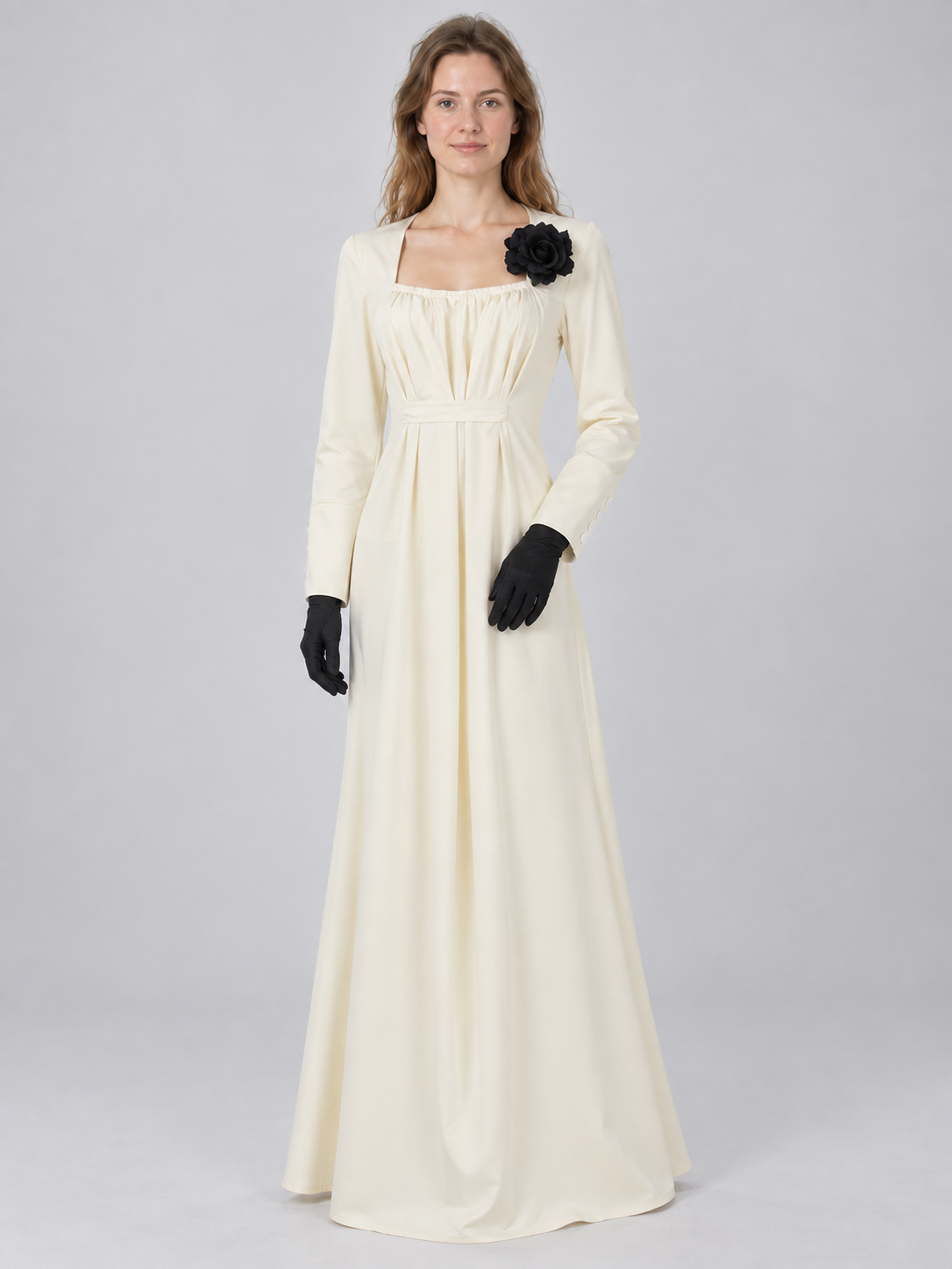 Carnival costume: dress, black gloves, rose brooch