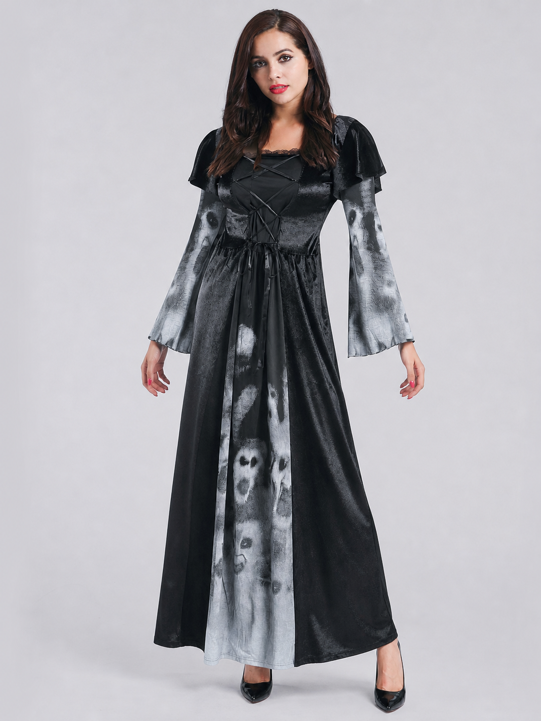 This costume dress for a Halloween look is designed in a gray-and-black color scheme. The dress features a distinctive ghost-face pattern positioned on the lower and middle sections of the garment, complemented by fabric inserts with a gray