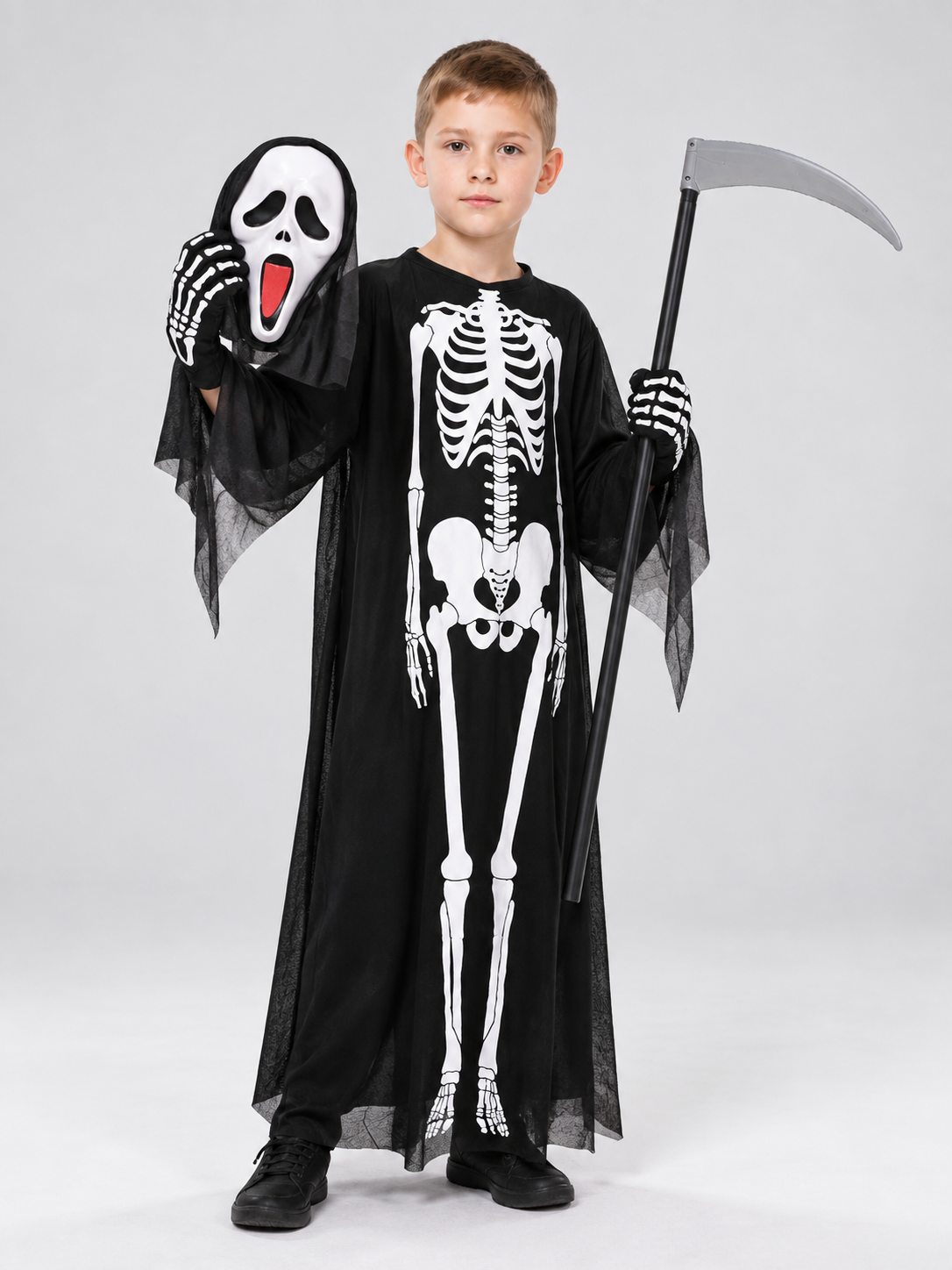 Skeleton costume with robe, mask, and gloves