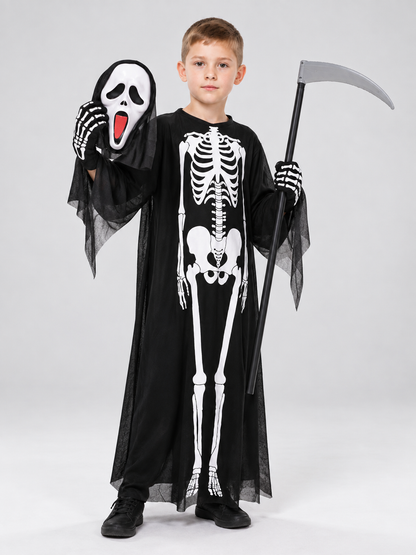 Skeleton costume with robe, mask, and gloves