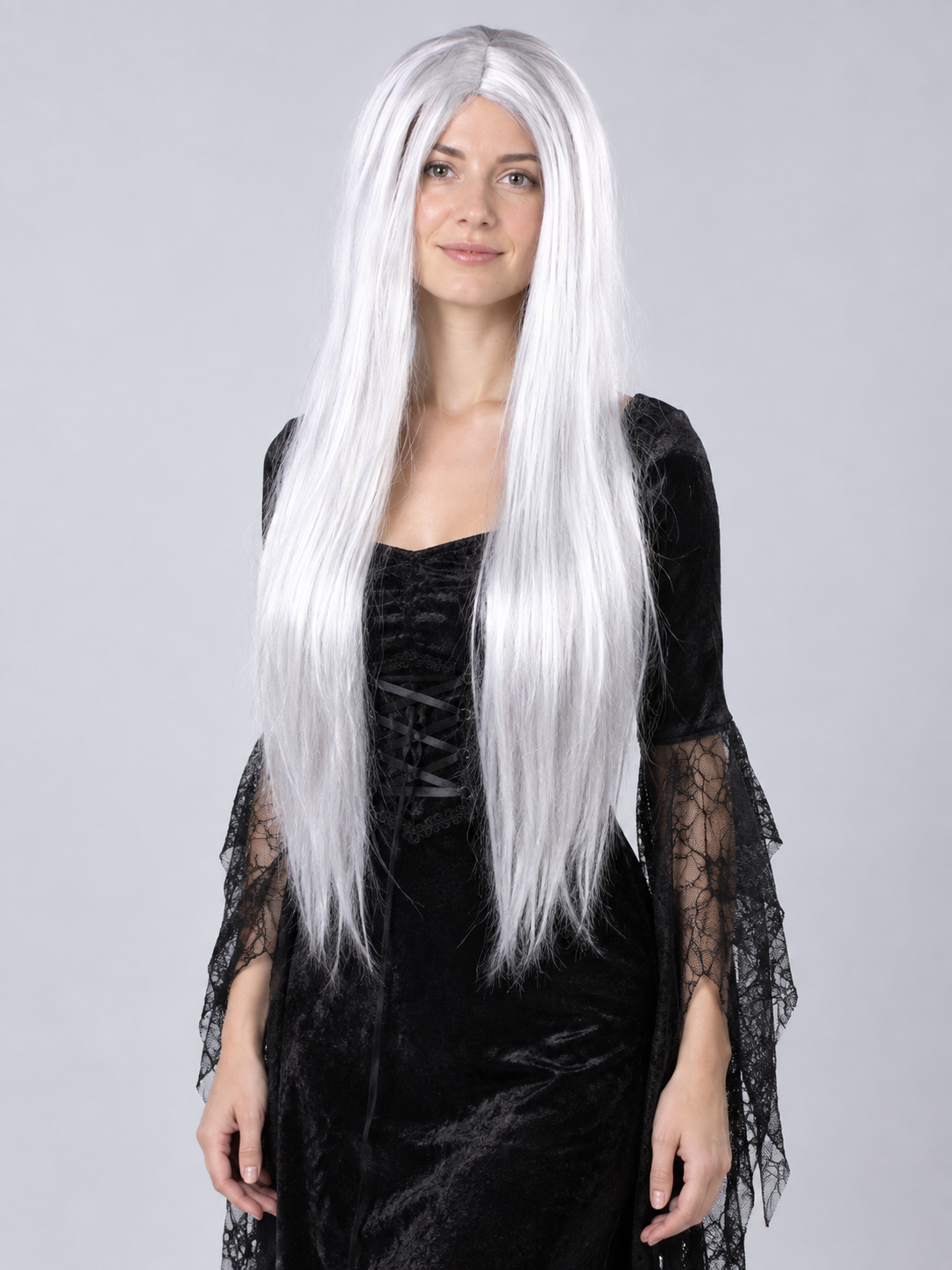 Long straight white wig with center part for cosplay