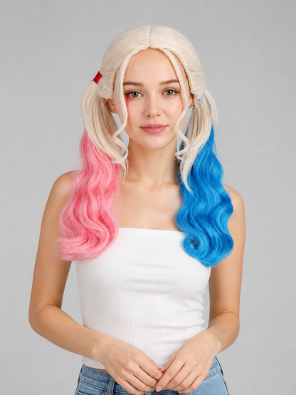 Long Two-Tone Carnival Wig: Pink and Blue Costume Wigs detail
