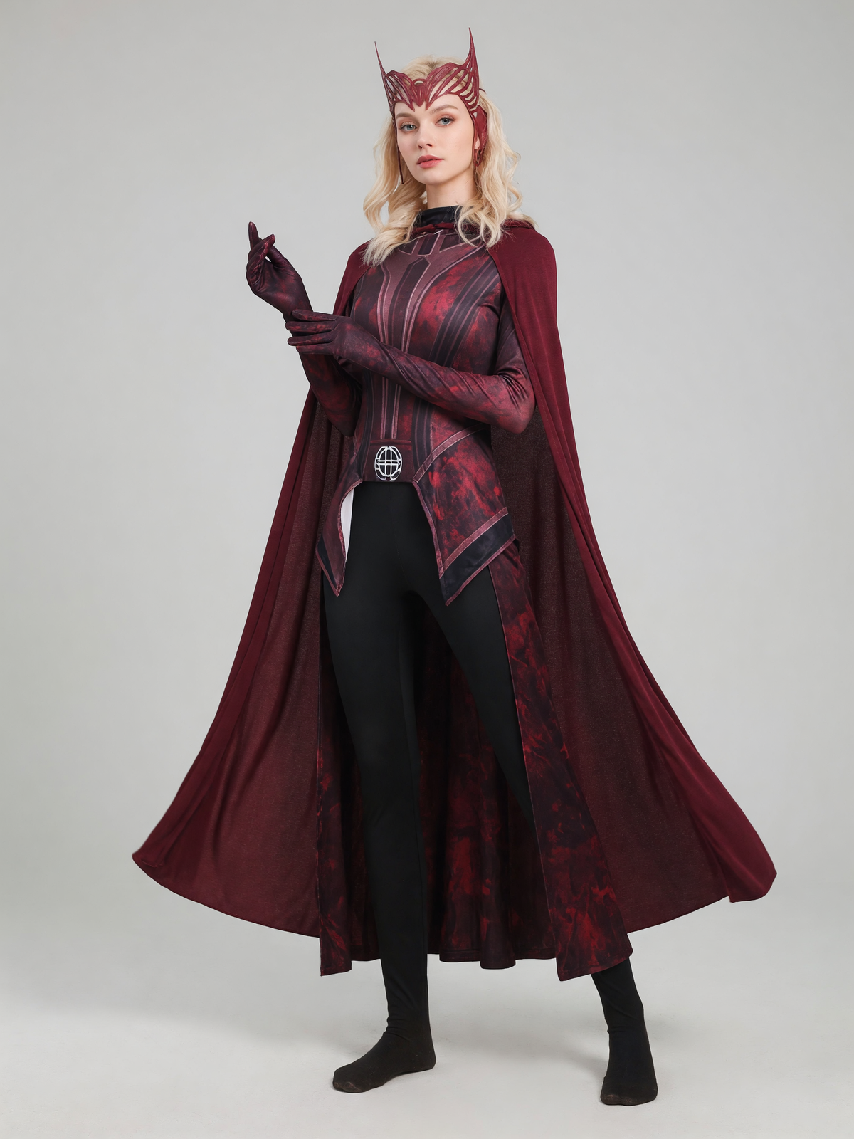Scarlet Witch superhero cosplay costume with cape on-model front view