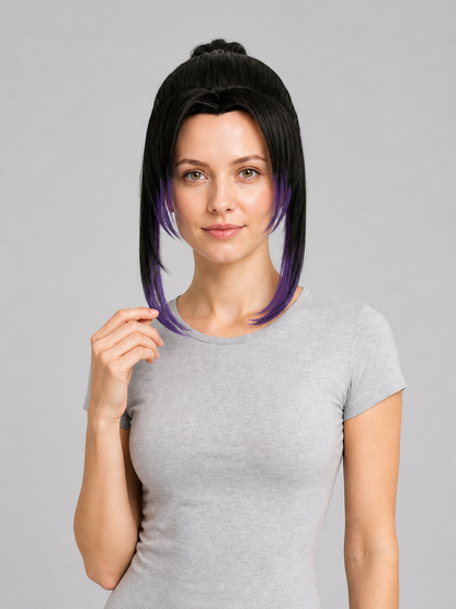 Black and Purple Carnival Wig with Updo Costume Wigs detail