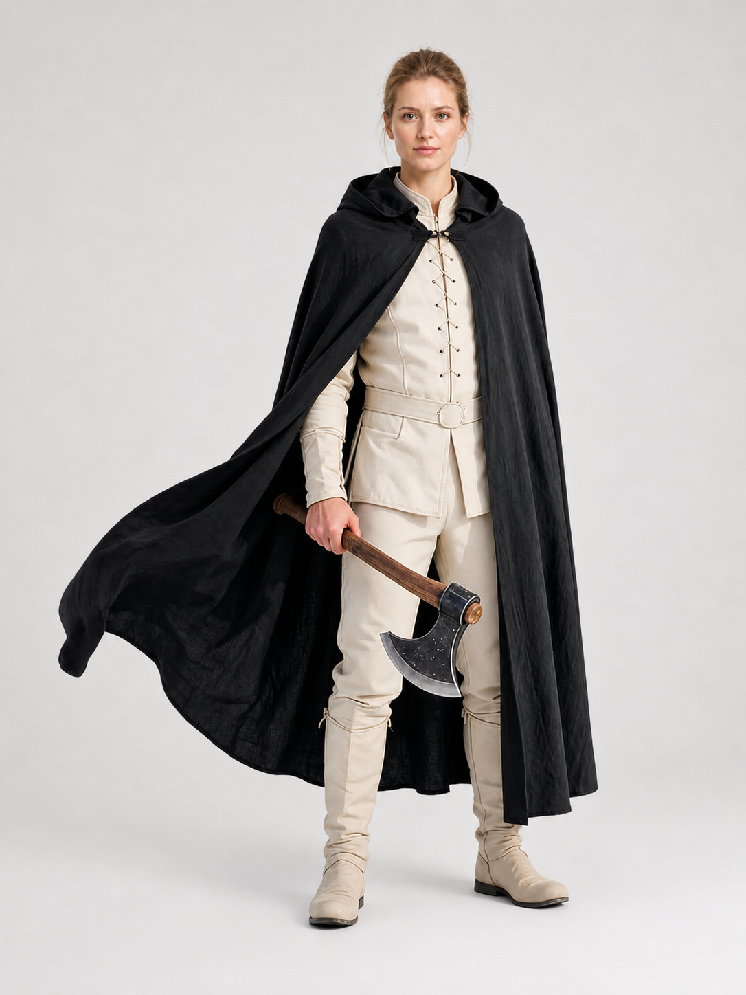 Black Long Hooded Cotton-Linen Cloak Costume Capes detail