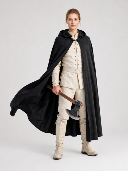 Black Long Hooded Cotton-Linen Cloak Costume Capes detail