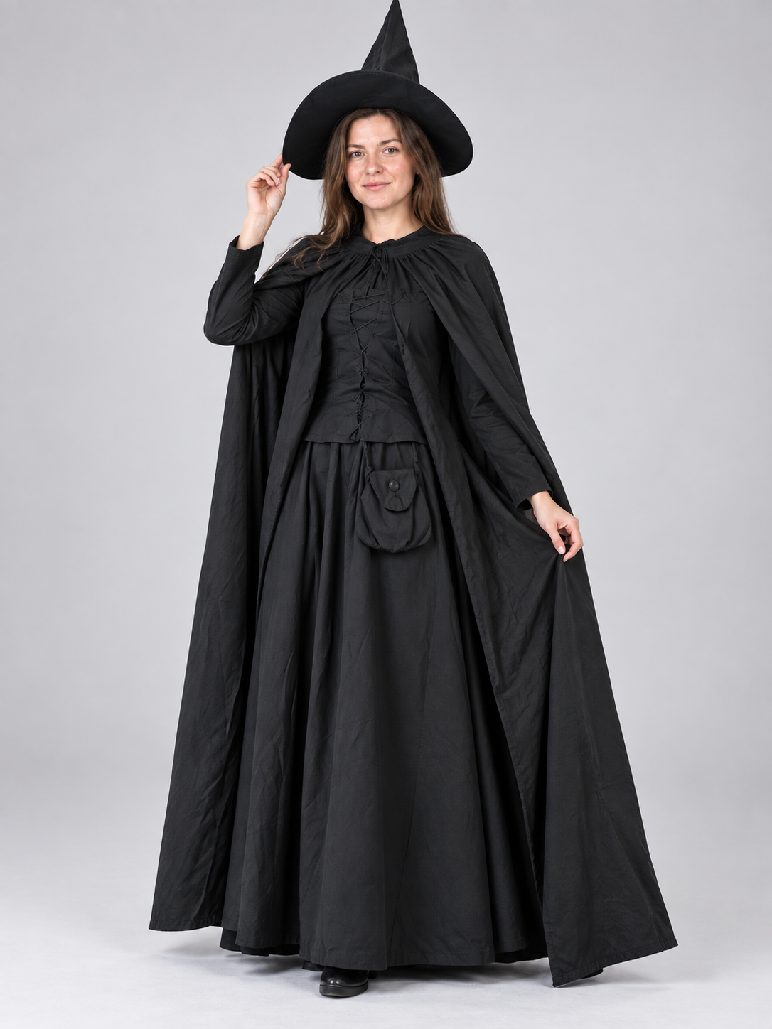 Black Witch Costume with Dress, Cape, and Hat