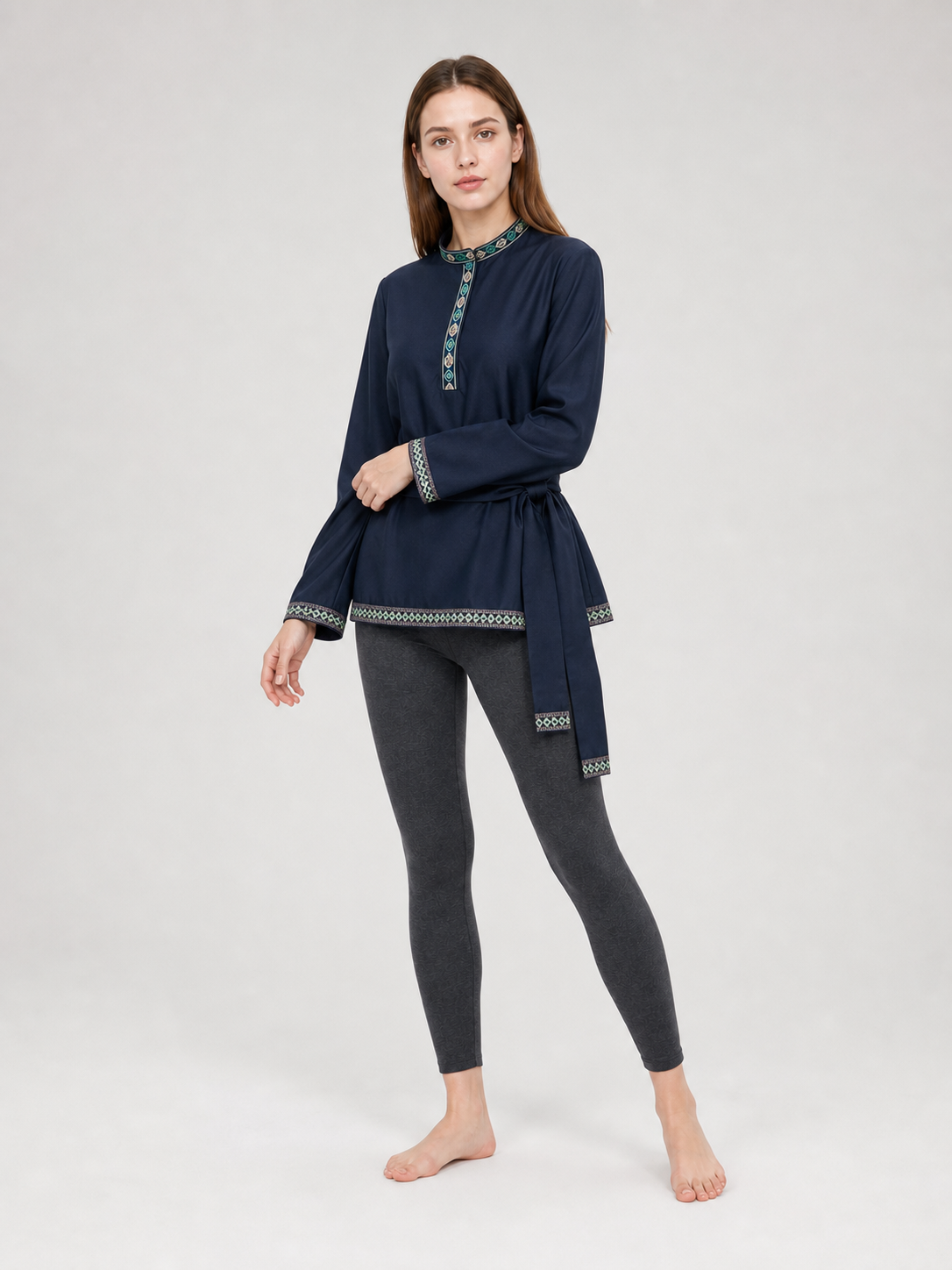Tunic with a stand-up collar and belt, dark navy
