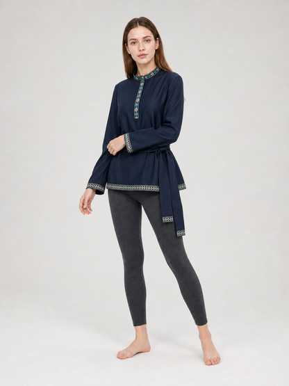 Tunic with a stand-up collar and belt, dark navy