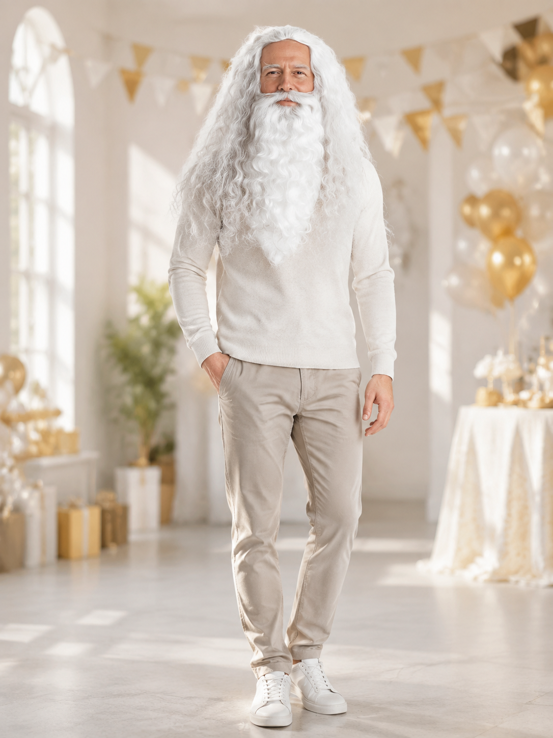 Carnival Wig with White Hair, Beard, and Mustache