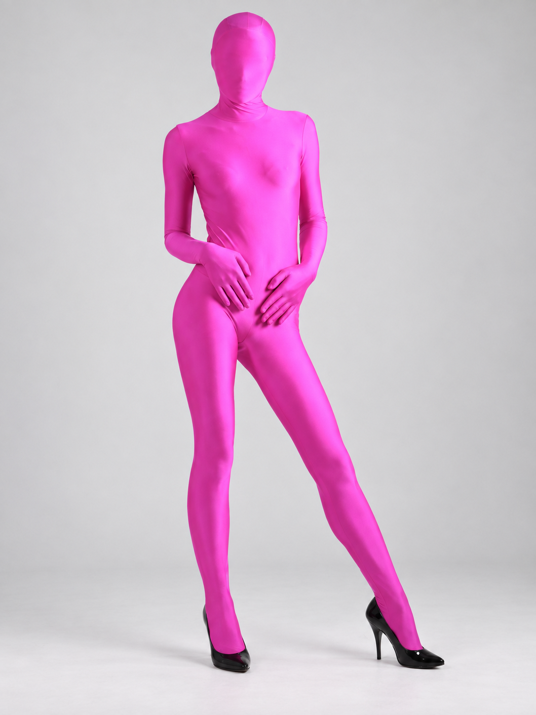 Pink form-fitting bodysuit with hood