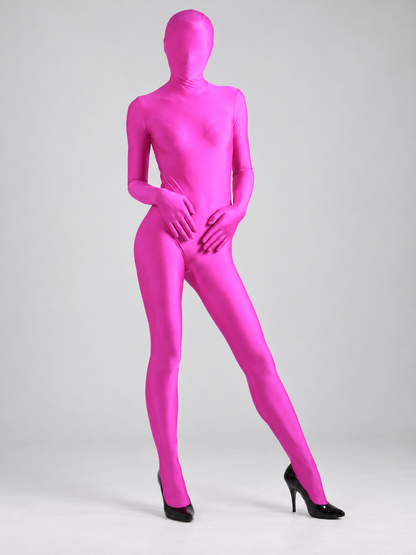 Pink form-fitting bodysuit with hood