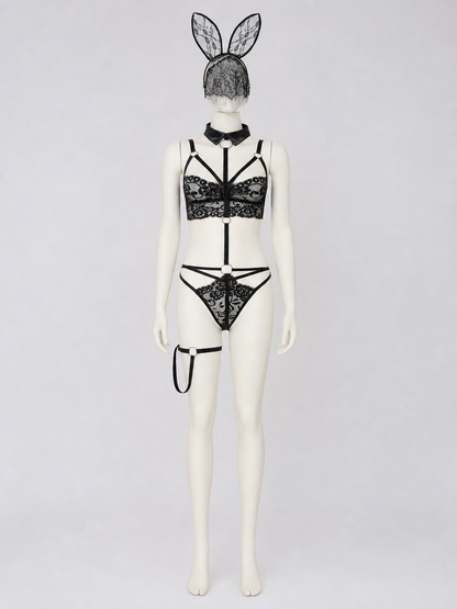 Lace Bunny Costume with Ears and Decorative Straps