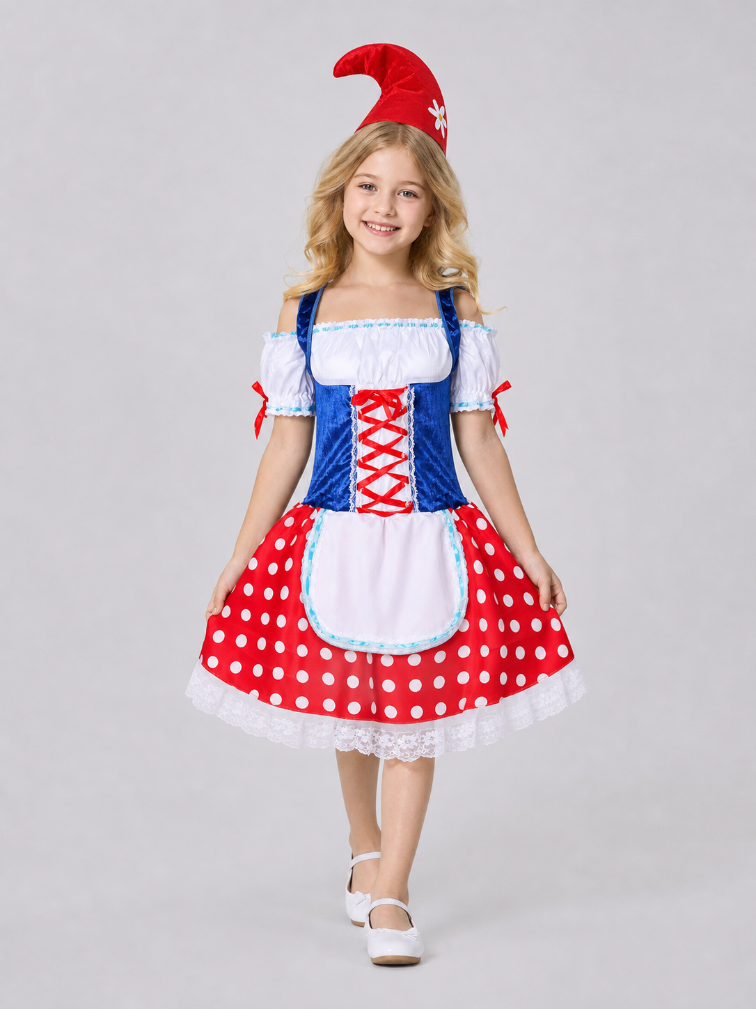 The dress is designed in the style of a German beer festival and is suitable for a themed party, cosplay, or festive outfit. The set includes a dress and a pointed curved hat. The design features a combination of white, red, and blue. The t