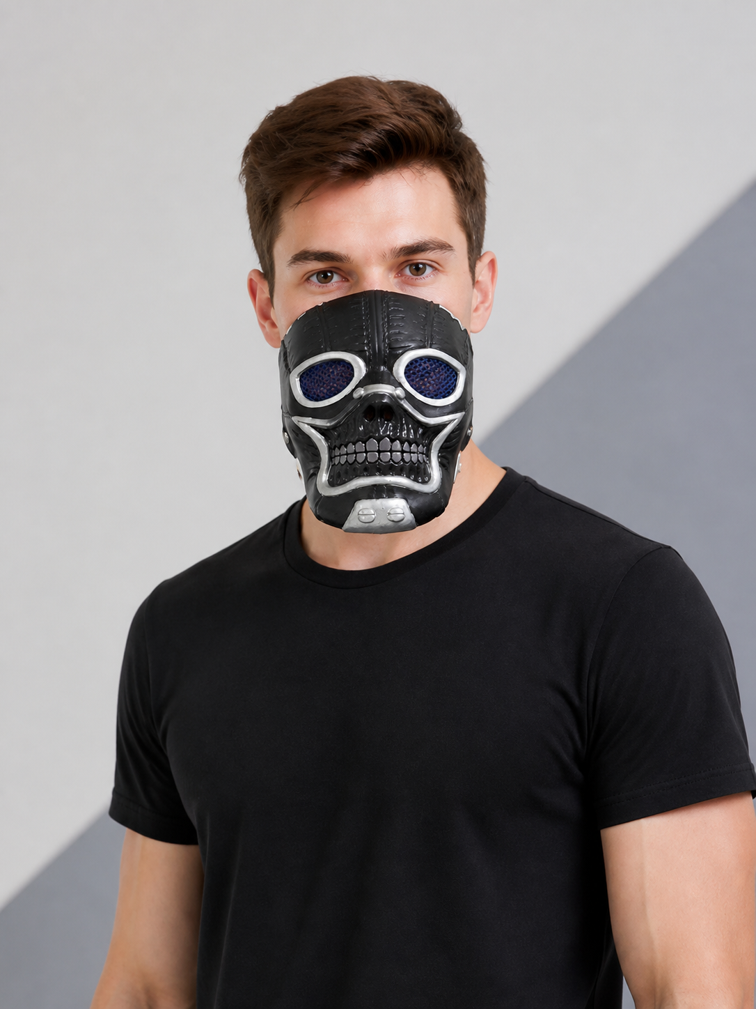 Halloween Skull Mask, Blue, Silver, Black on-model front view