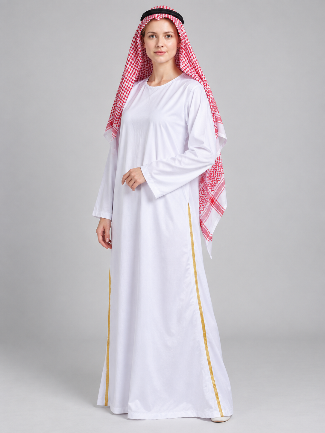 Costume with a red-and-white scarf and gold trim