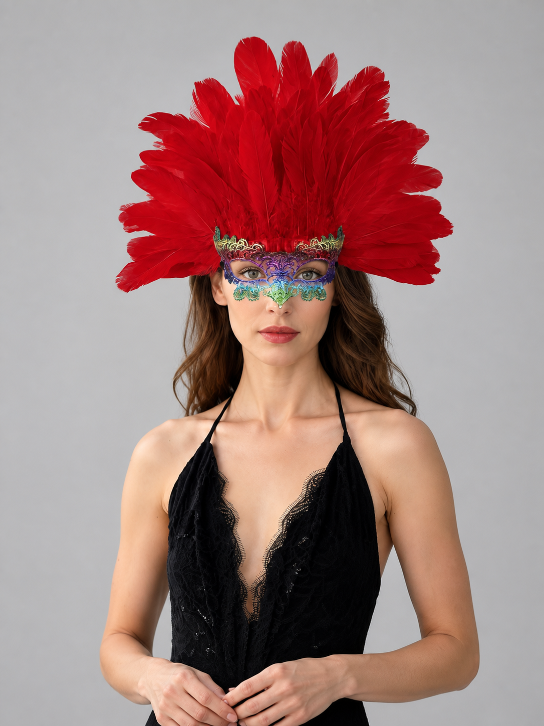 Carnival Headpiece with Red Feathers and Mask Costume Masks detail